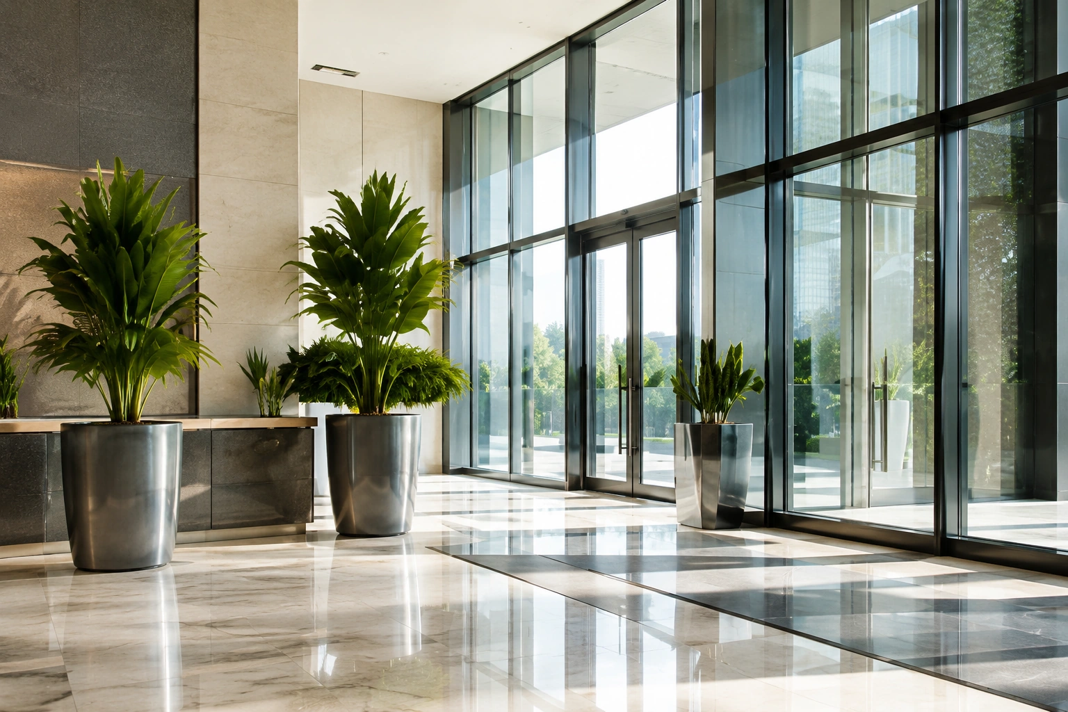 Professional commercial property cleaning in a modern building lobby